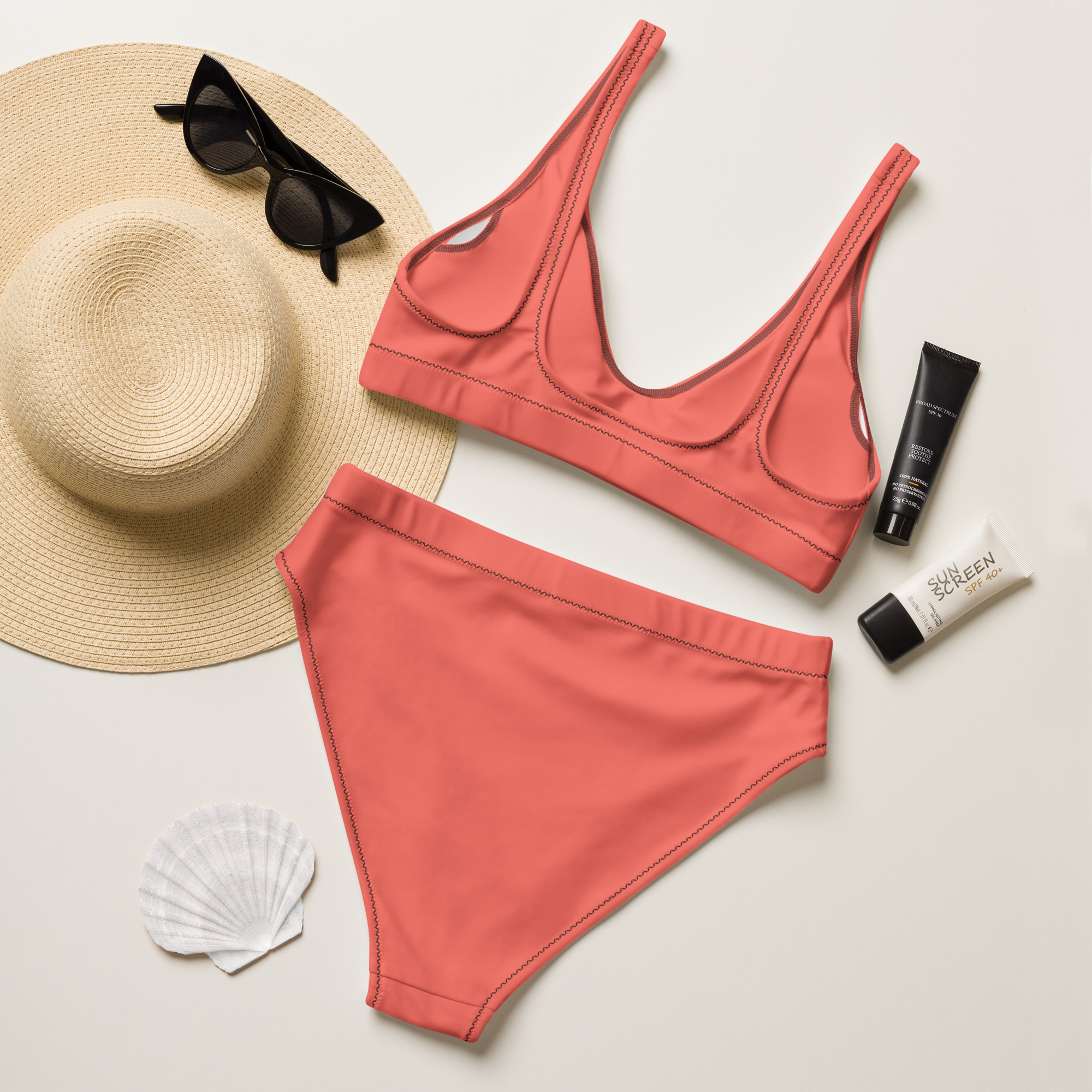 Recycled high-waisted bikini - Coral Red