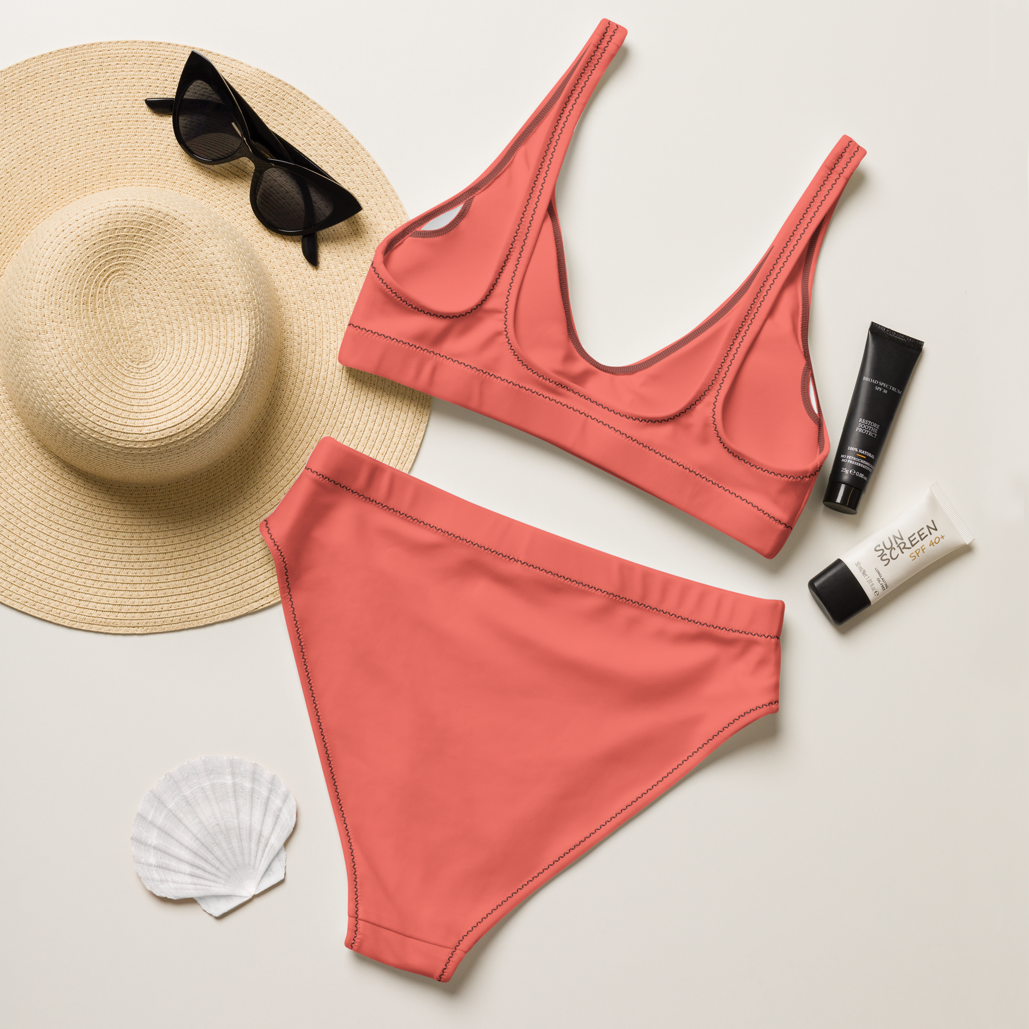 Recycled high-waisted bikini - Sunset Coral